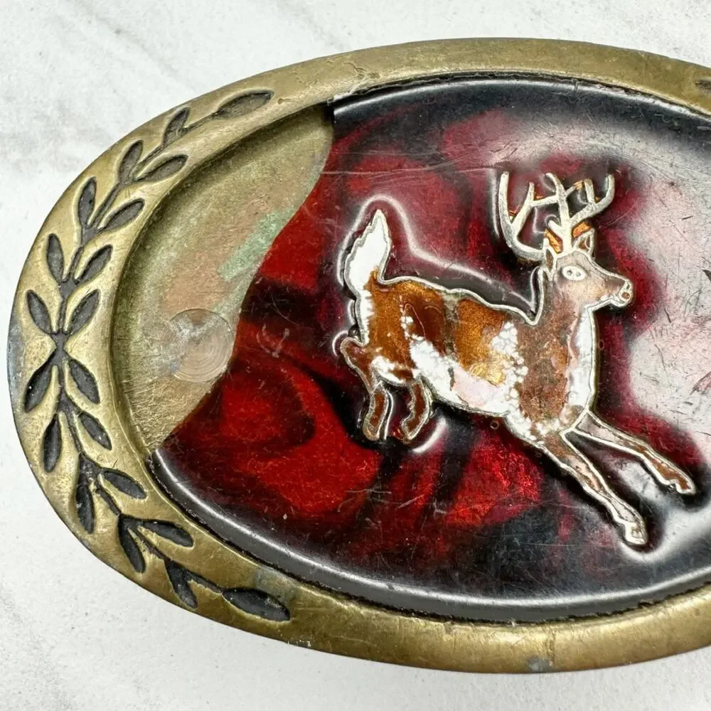 Vintage Aminco 1980 Solid Brass Deer Belt Buckle Red Black Enamel Oval Laurel ✨